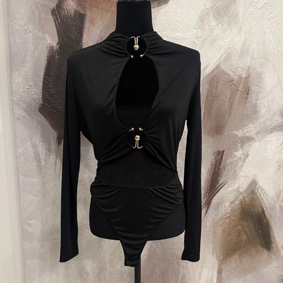 Superdown Black Cut-Out Bodysuit with Gold Accents - Picture 1 of 3